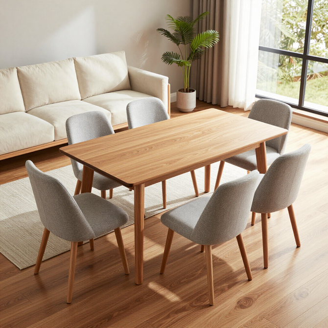 Bright dining room with a wooden table, six gray chairs, and a cream sofa by a sunlit window.