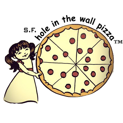 a girl is holding a pizza that says hole in the wall pizza