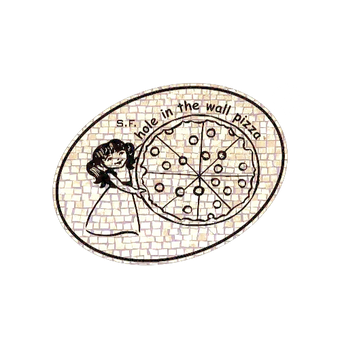 a black and white drawing of a girl holding a pizza, SF Hole in the Wall Pizza Logo