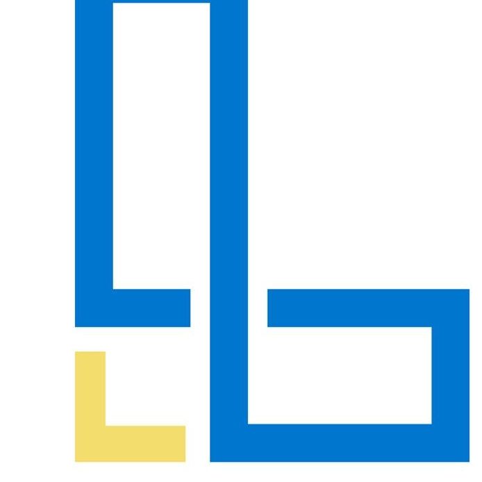 Un logo bleu et jaune avec la lettre l sur fond blanc.
