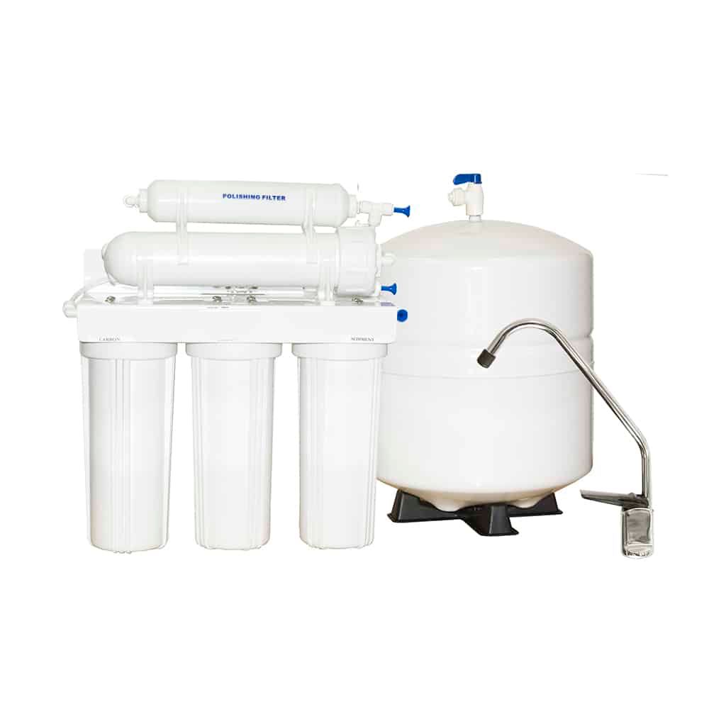 A water filter with a tank attached to it on a white background.