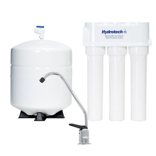 A white water filtration system with a tank and three filters.