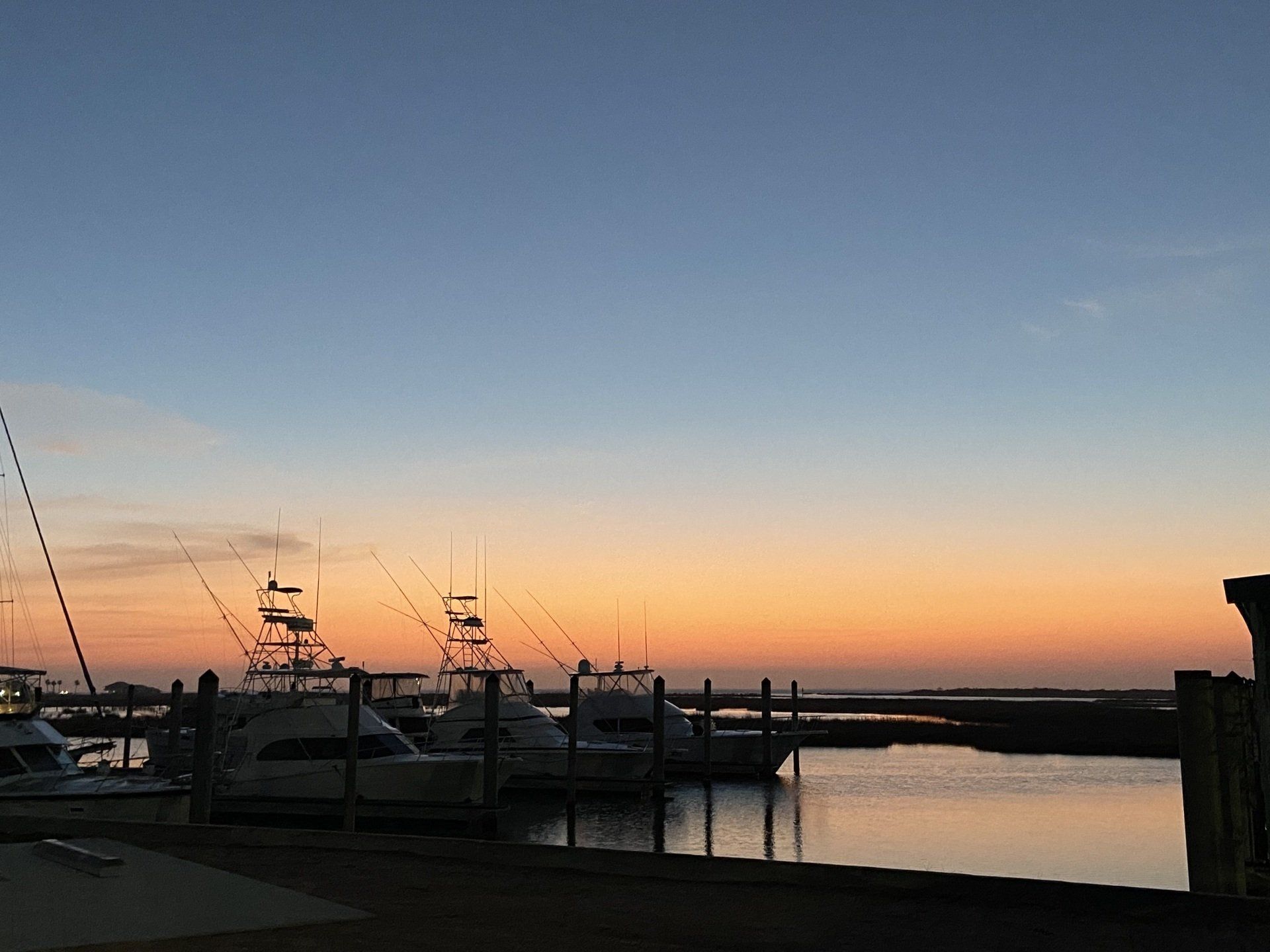 Boats are docked in a marina at sunset