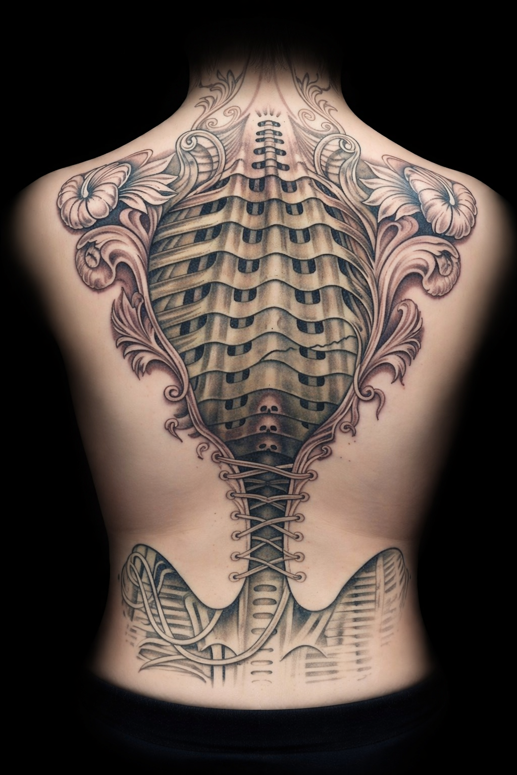 Back tattoo of a detailed, symmetrical snake and scale design in black and gray ink
