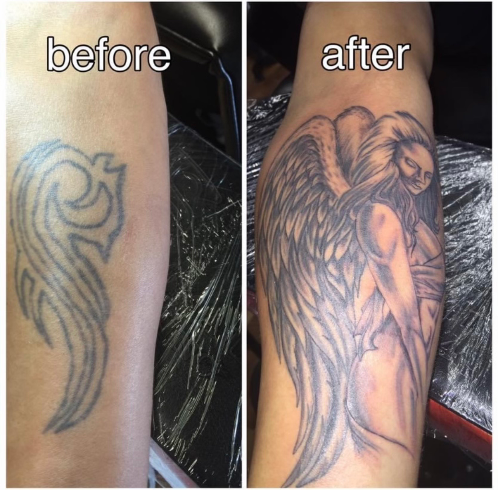 Tattoo artist working on a black-and-gray tattoo on a client’s arm, close-up with gloves and ink pen