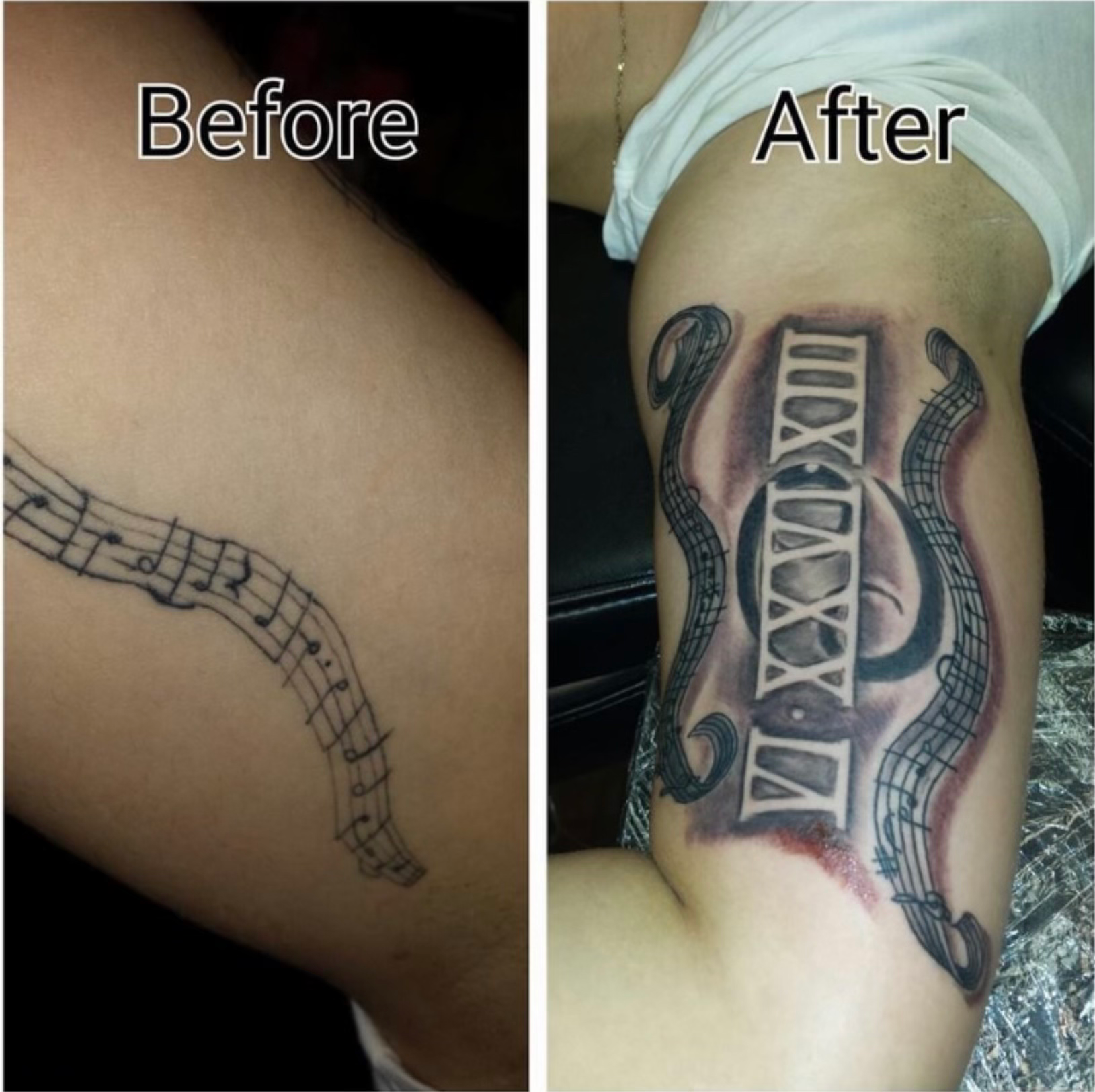 Person with dragon back tattoo and guitar against a dark blue-lit background