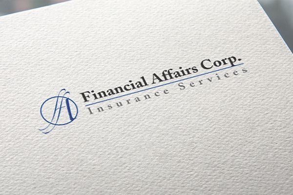 Financial Affairs Corp. insurance services logo on textured white paper, with blue icon and black text