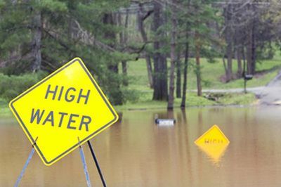 Yellow high water signs partly submerged in muddy floodwater on a tree-lined road
