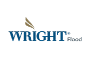 Wright Flood logo in blue and tan on a white background
