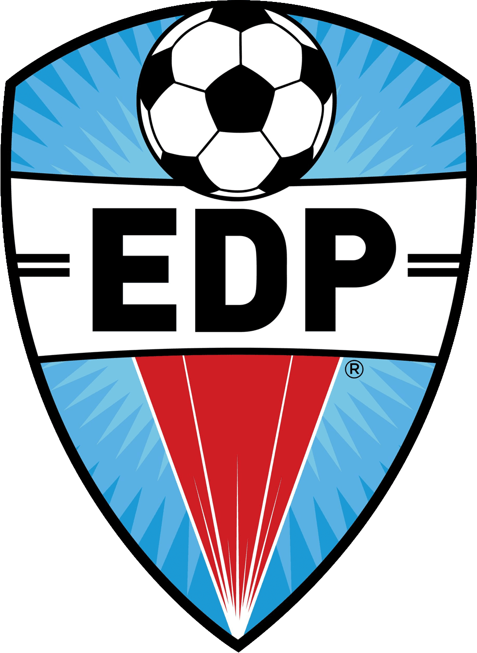 EDP soccer club shield logo with black-and-white ball, blue sides, white center, red triangle