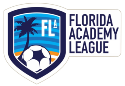 Florida Academy League logo with blue soccer shield, palm tree, and white text