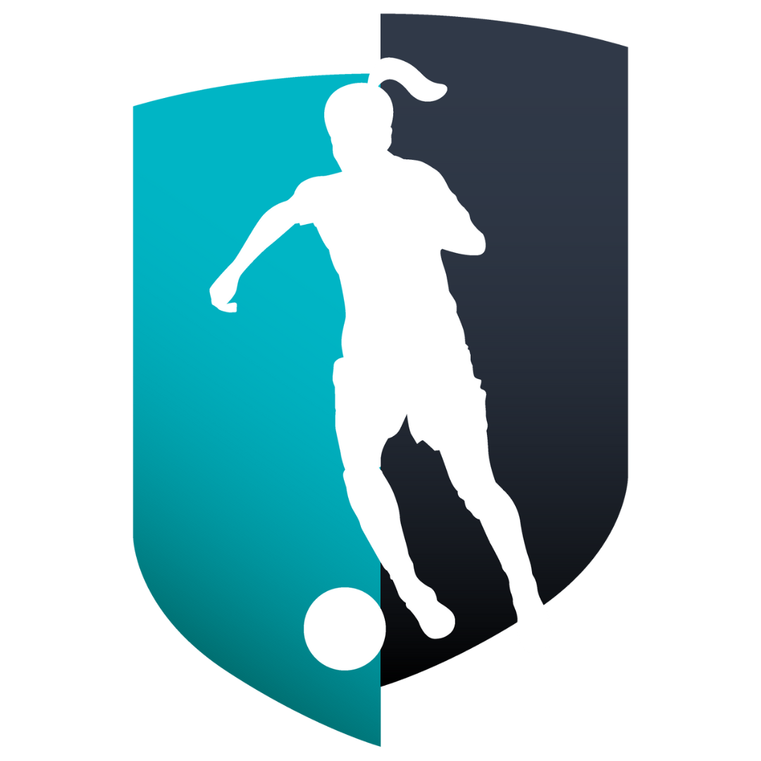 White soccer player silhouette on teal and dark blue shield logo with a ball