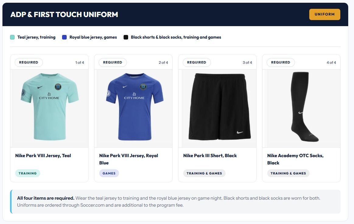 ADP and First Touch uniform: teal jersey for training, royal blue jersey for games, black shorts and black socks for both