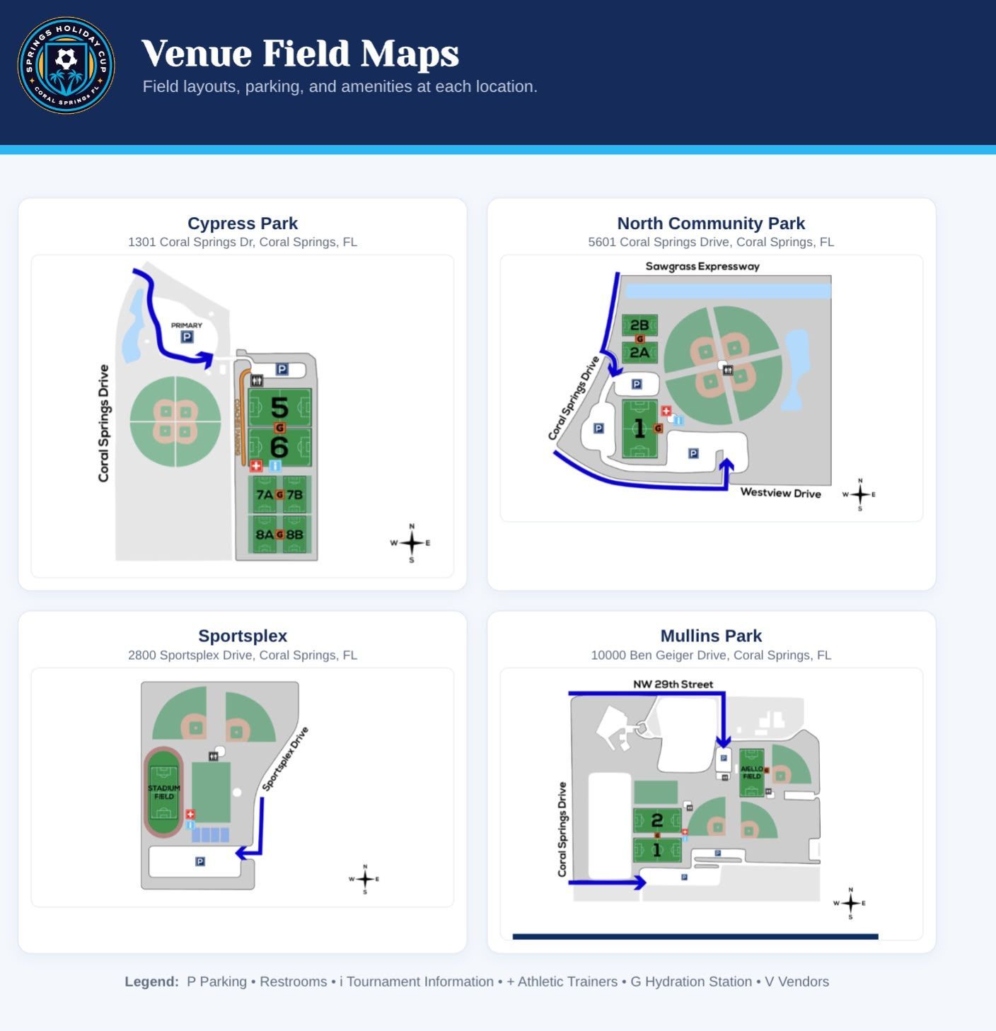Springs Holiday Cup venue field maps — Cypress Park, North Community Park, Sportsplex and Mullins Park