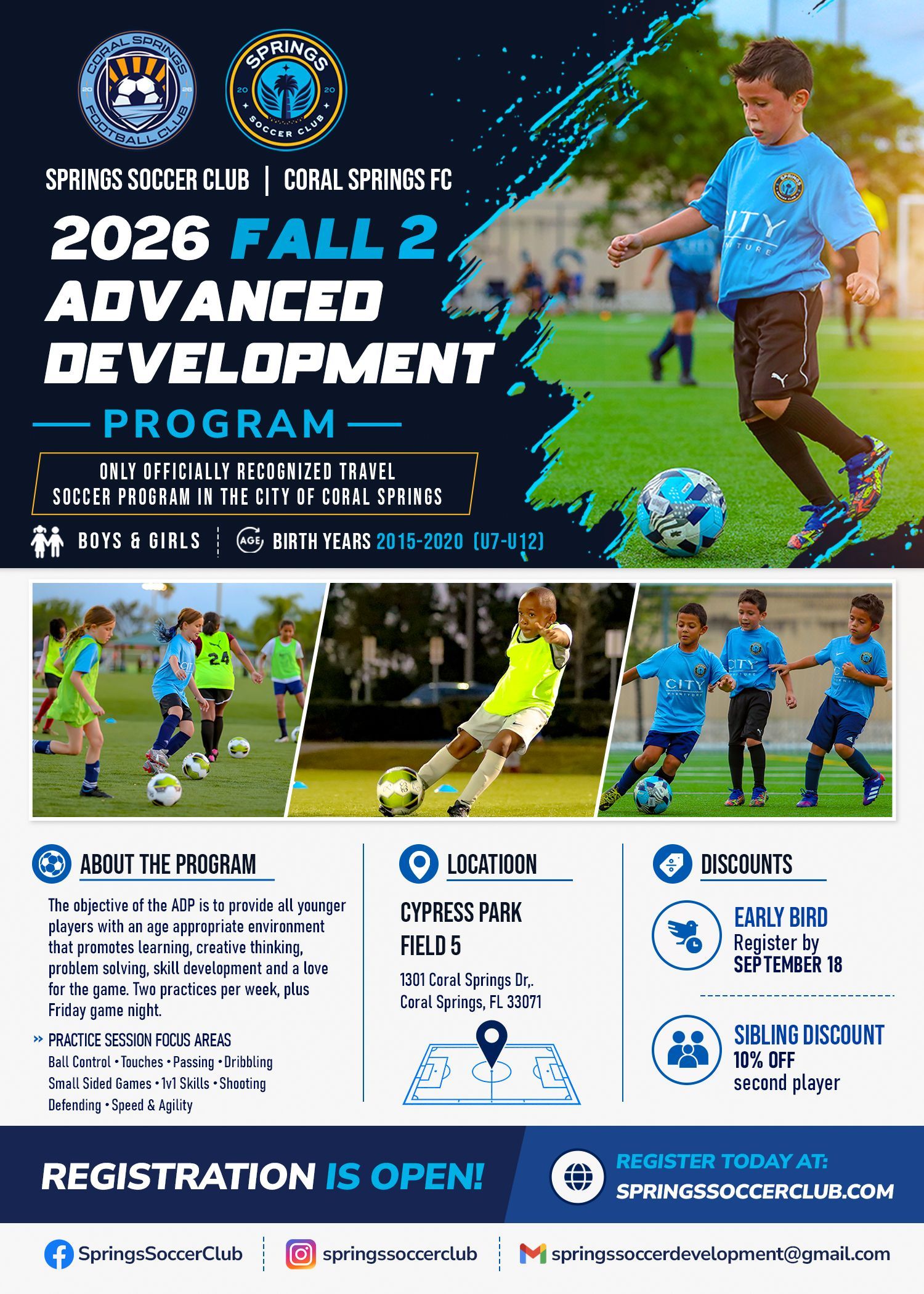 2026 Fall 2 Advanced Development Program flyer, Springs Soccer Club and Coral Springs FC