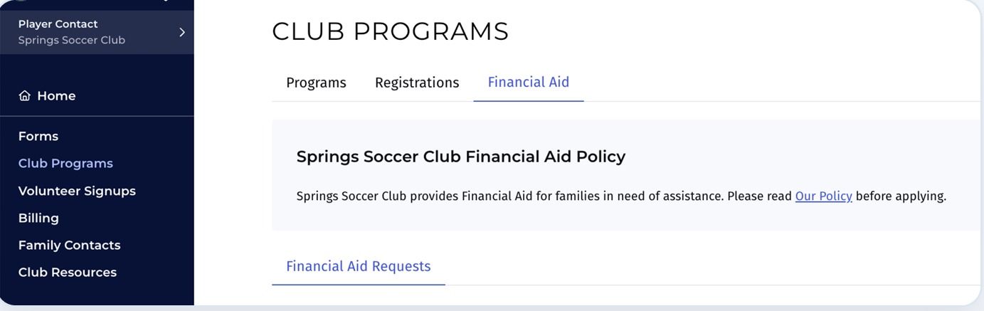 PlayMetrics Club Programs Financial Aid screenshot