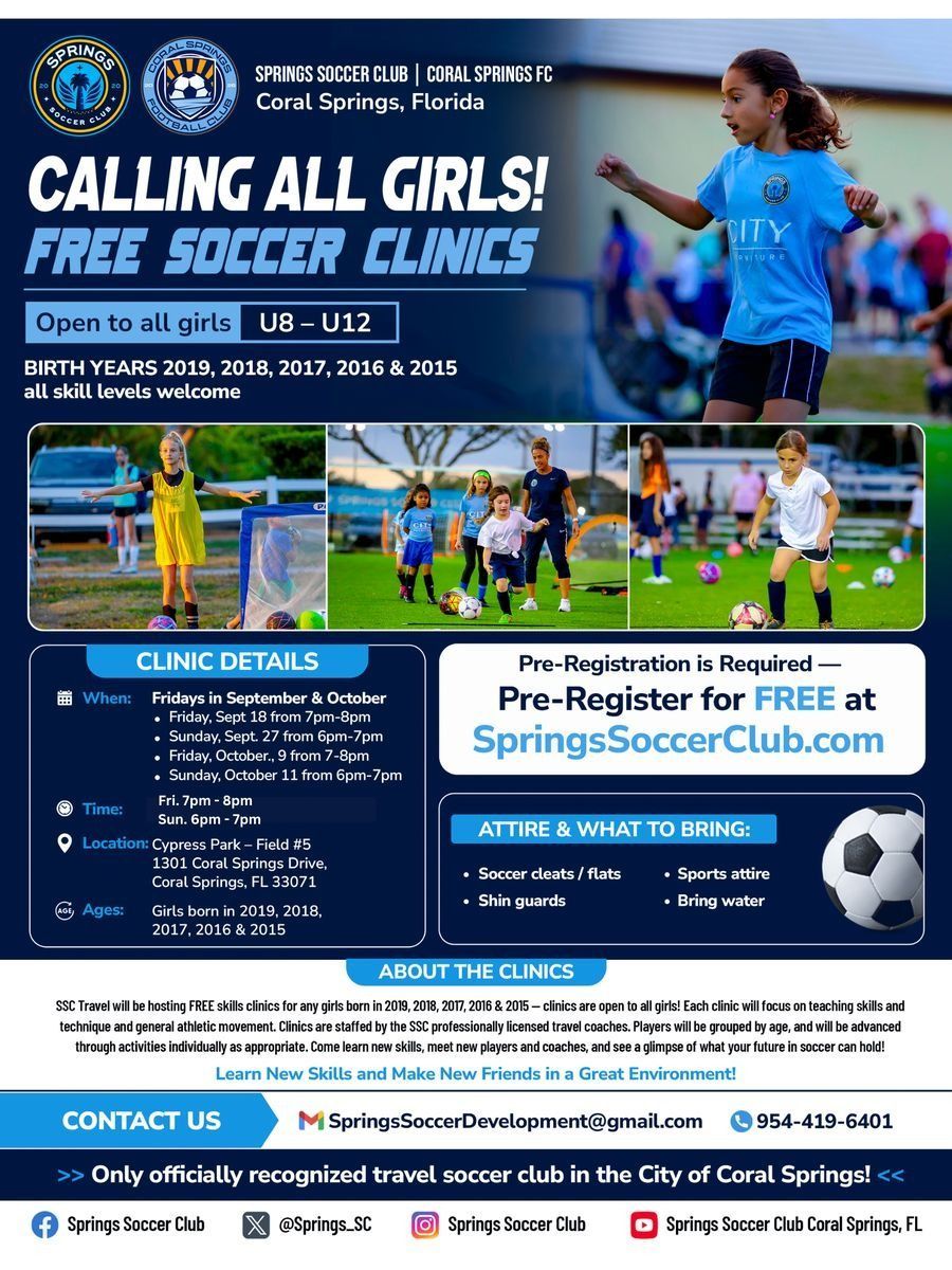 Calling All Girls free soccer clinics flyer, open to all girls U8 to U12, Fridays and Sundays in September and October at Cypress Park Field 5