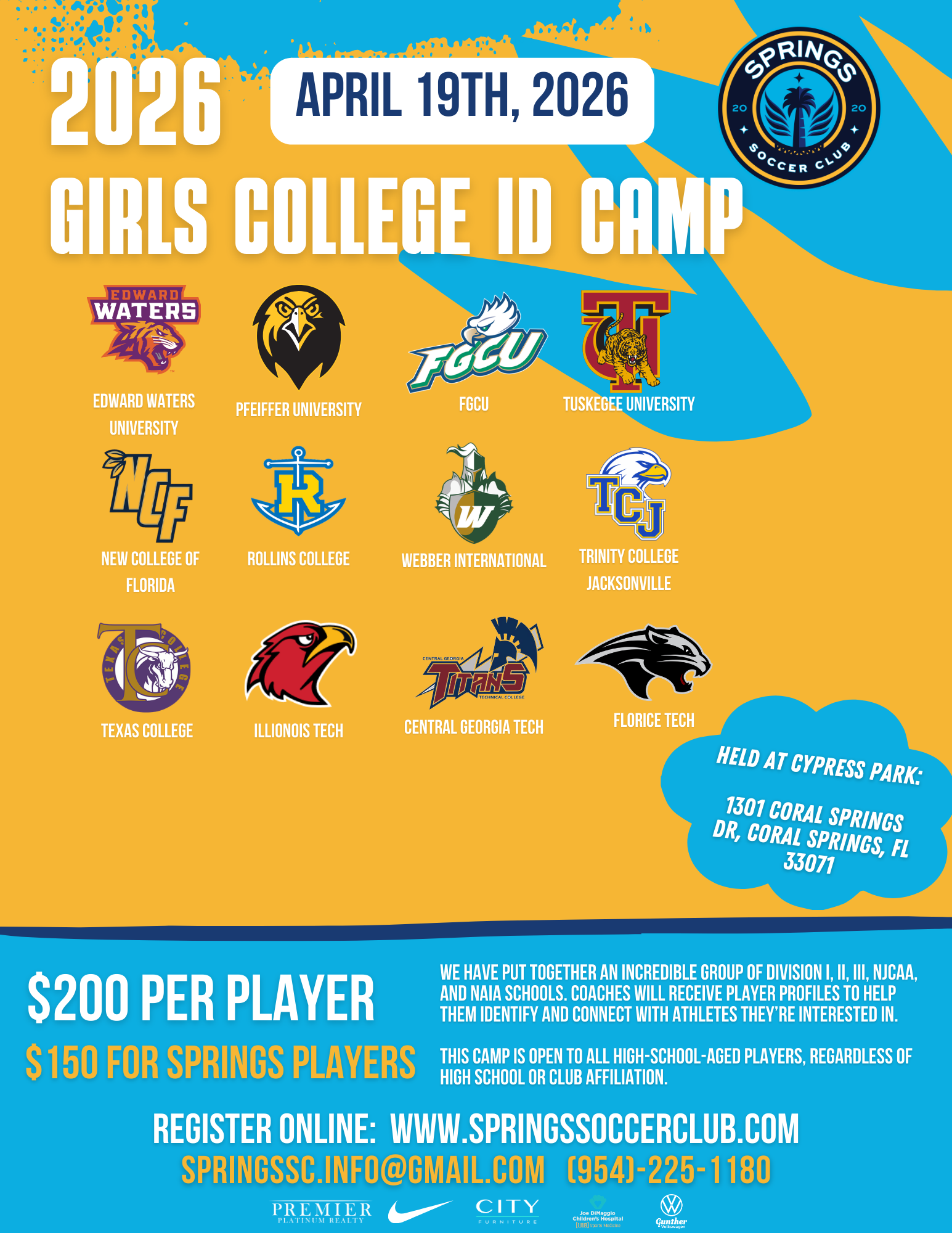 2026 girls college ID camp flyer in blue and yellow with date, college logos, fees, and registration info