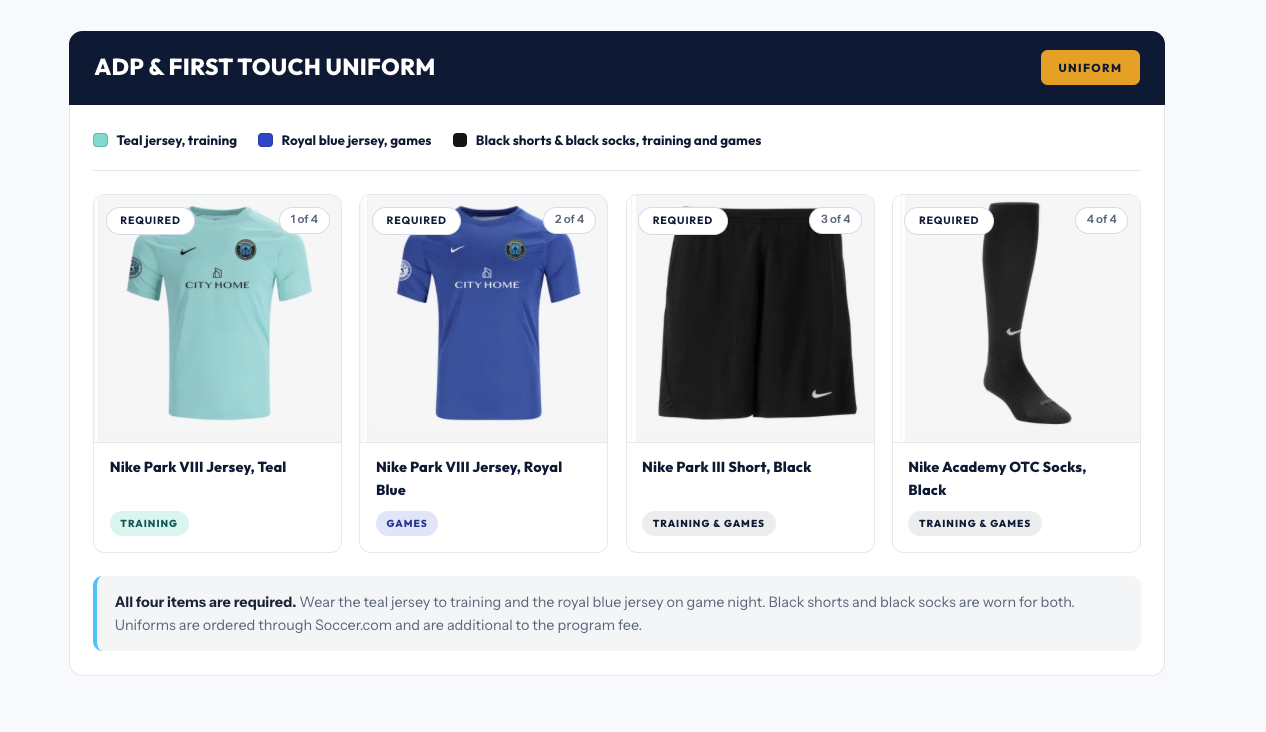ADP and First Touch uniform: teal jersey for training, royal blue jersey for games, black shorts and black socks for both