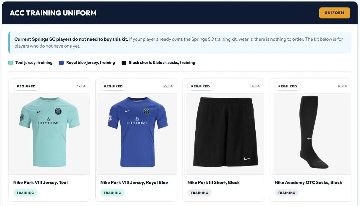 ACC training uniform: teal jersey, royal blue jersey, black shorts and black socks, all required for training