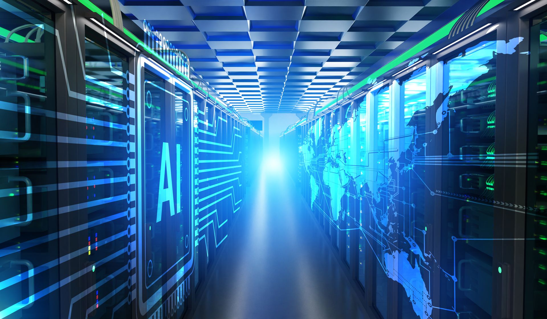 People at laptops in an office, working and smiling. Network connections overlay the scene.