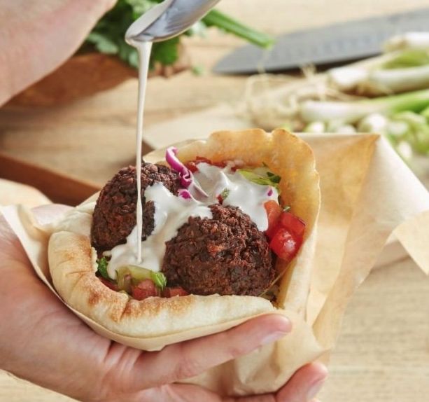 Falafel in a pita with tahini