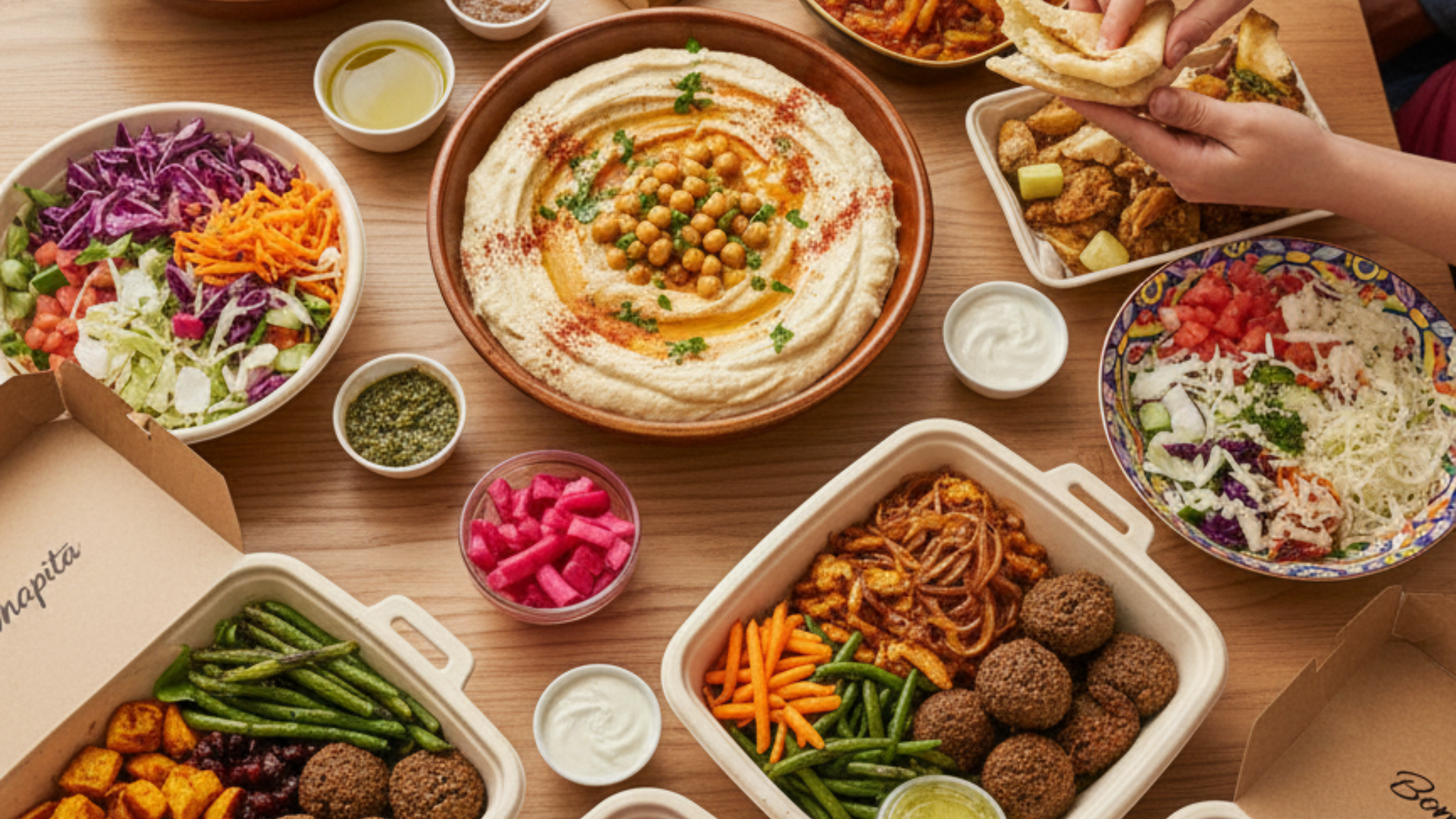 Buffet-style spread: multiple dishes of food, including wraps, salads, and chickpeas, set on a white table.