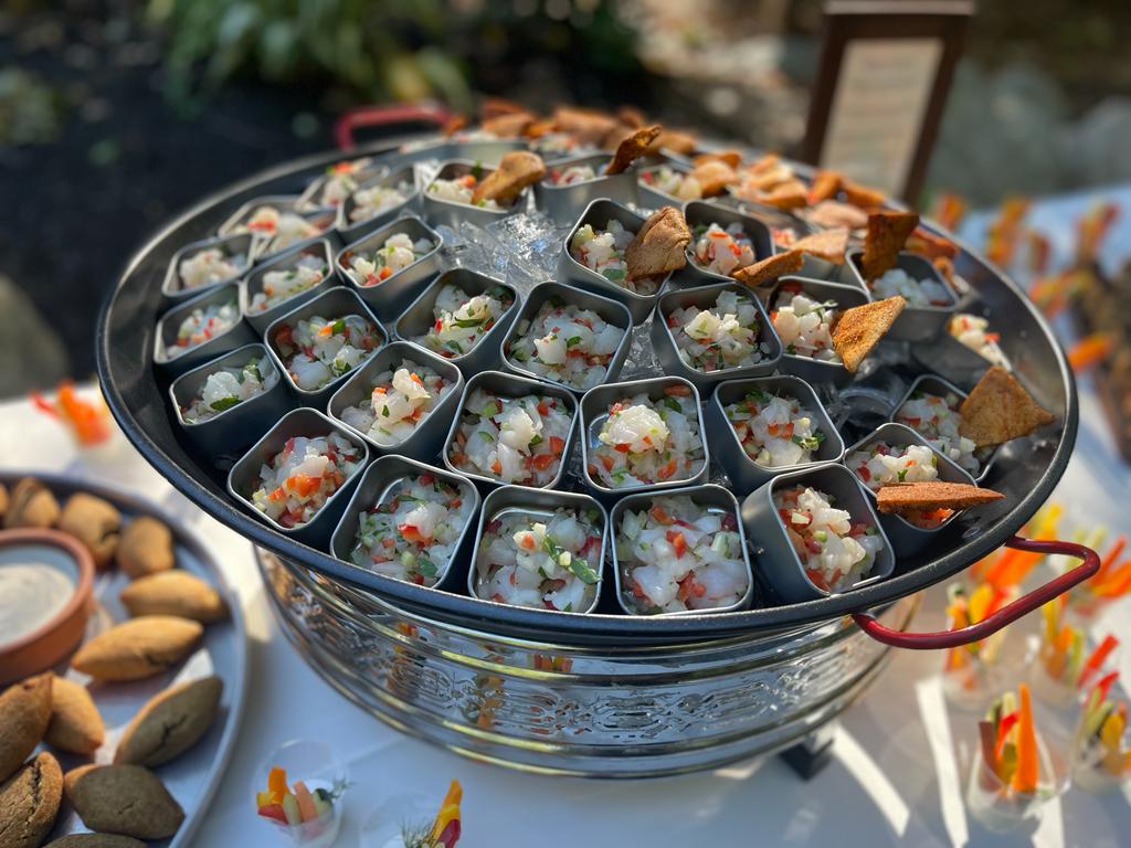Appetizer display: ceviche in small metal containers on ice, with chips, outdoors.