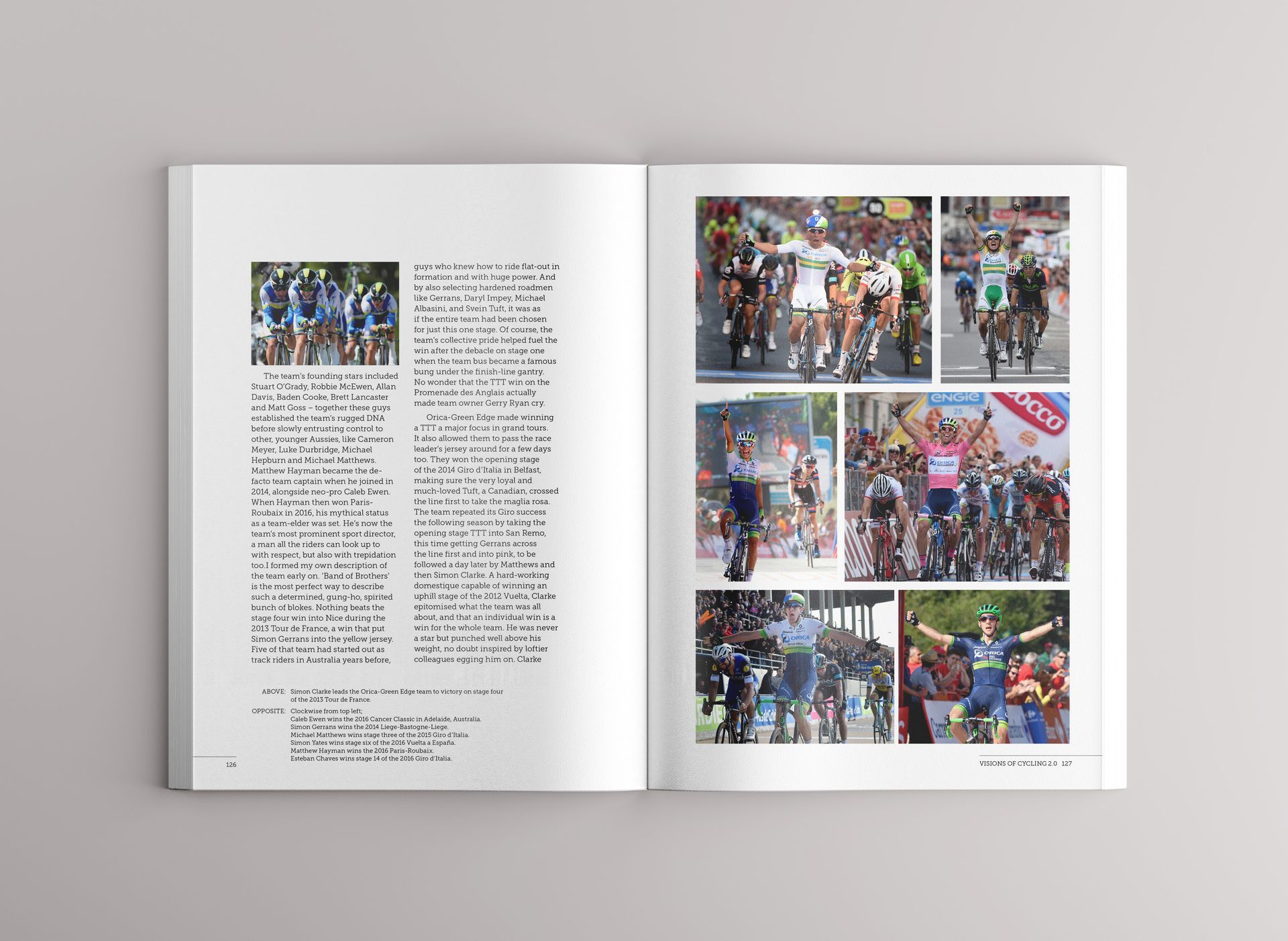 Open book spread with text and colorful photo collage on the right page