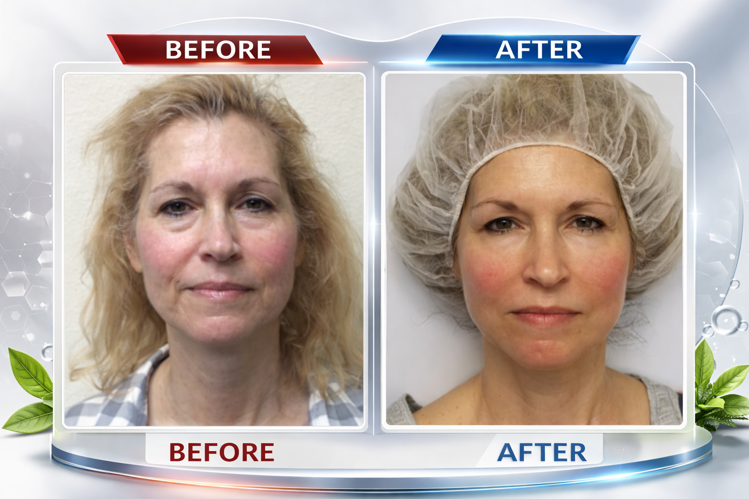 A before and after photo of results from a 10-month treatment regimen for lifting and toning.