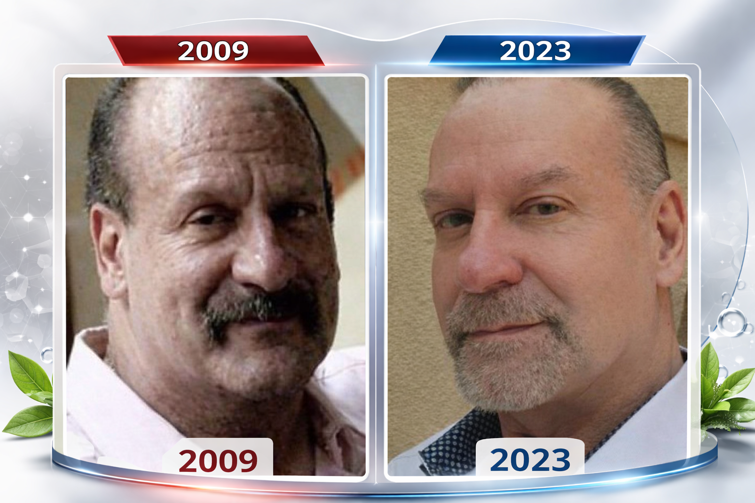 NeurotriS CEO Tony Picciano before and after photos, 2009 and 2023.