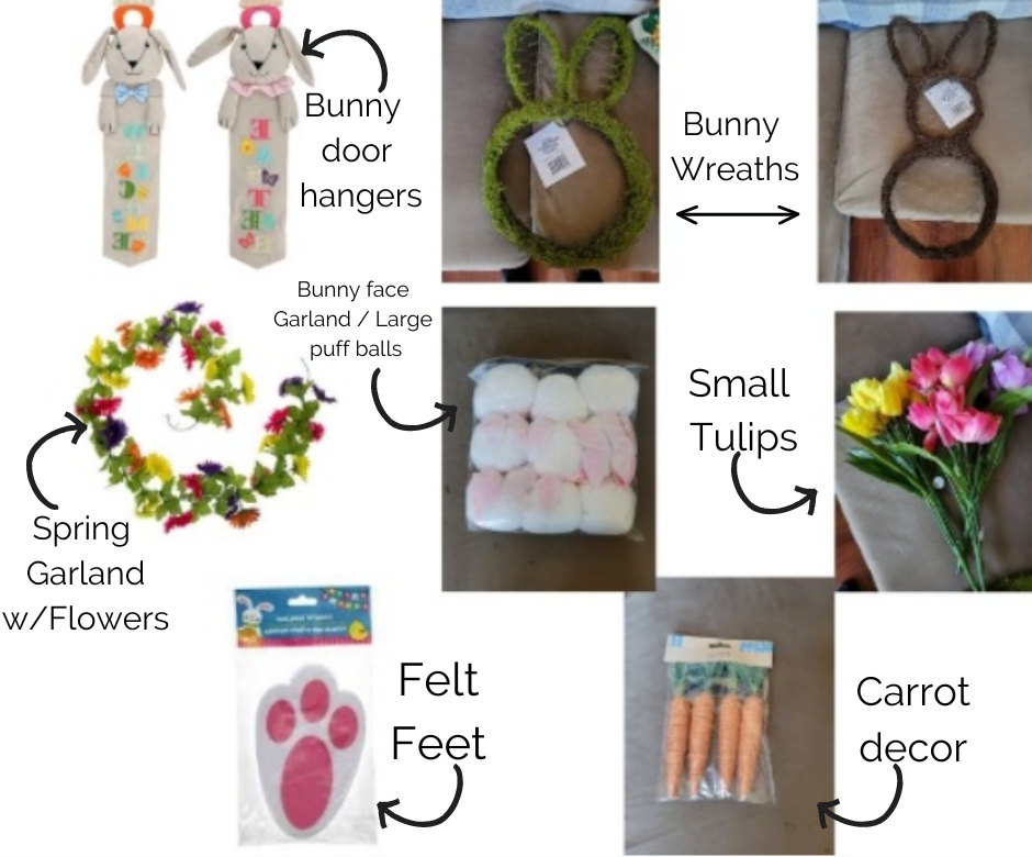 A variety of easter decorations including bunny wreaths small tulips felt feet and carrot decor