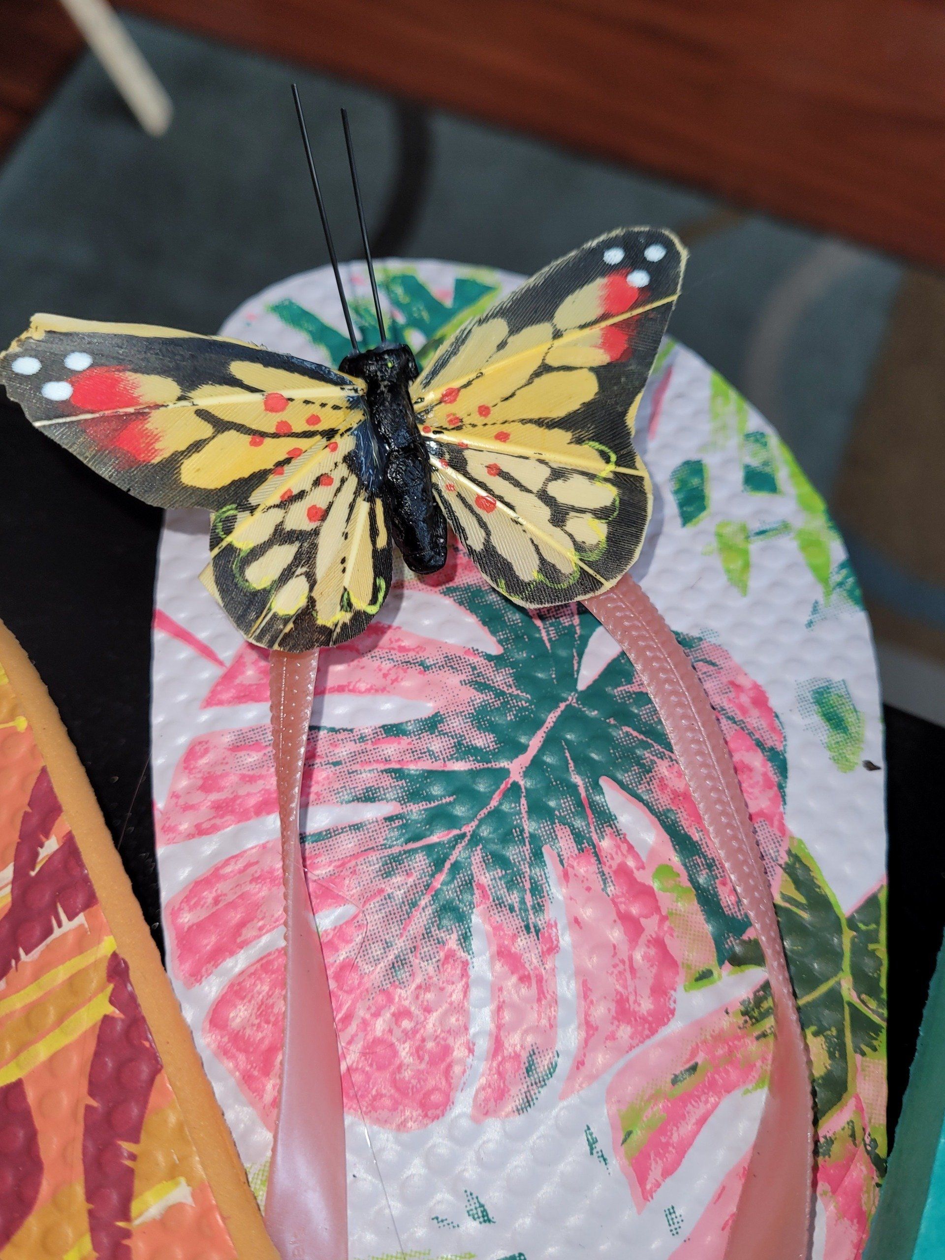 A pair of flip flops with a butterfly on them