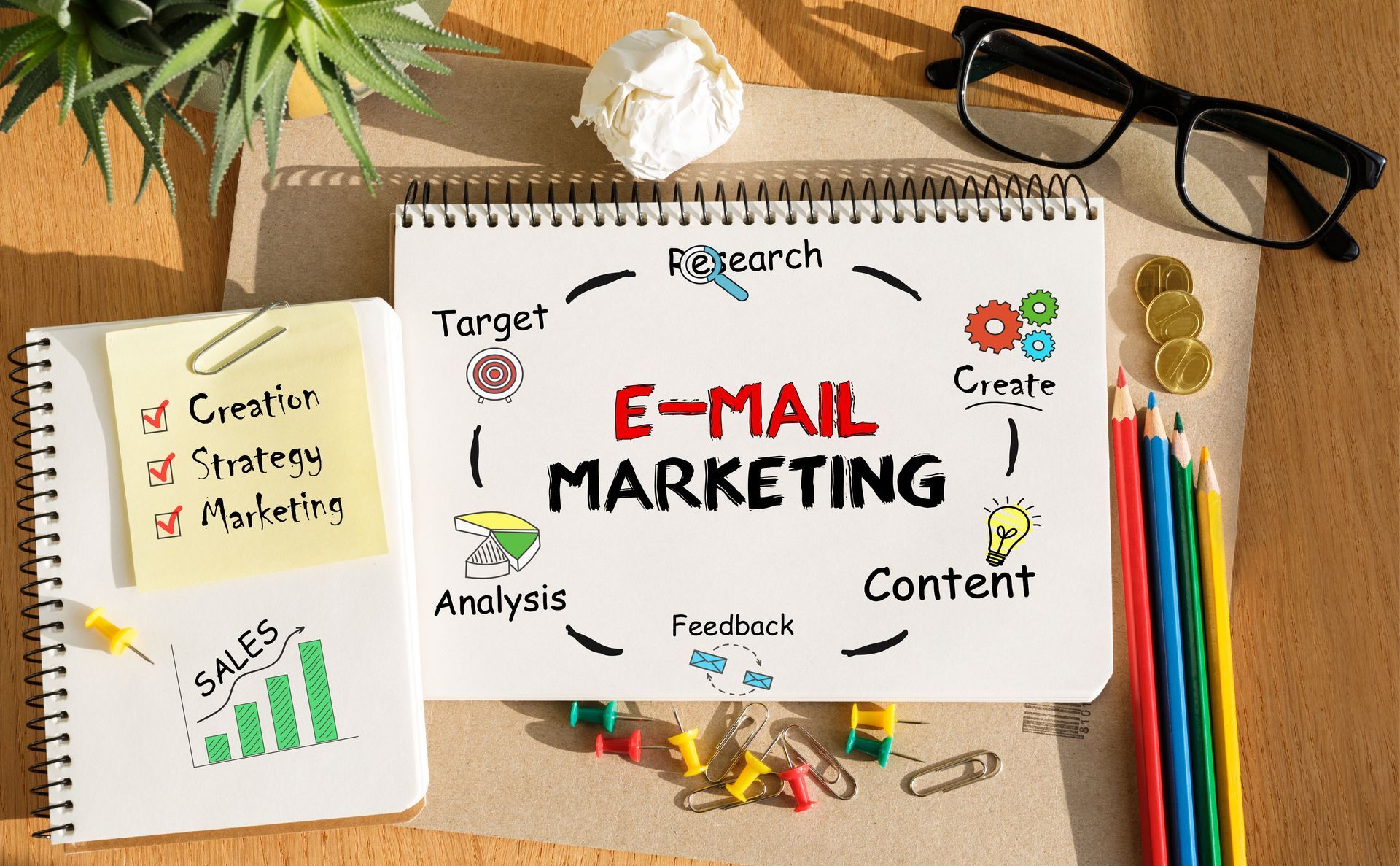 A notebook with the words e-mail marketing written on it