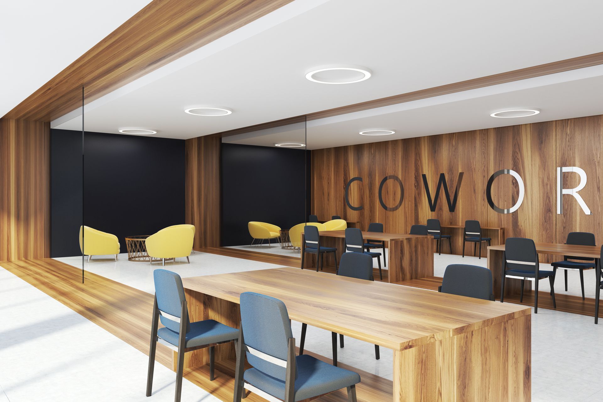 An artist 's impression of a coworking space with wooden tables and chairs.