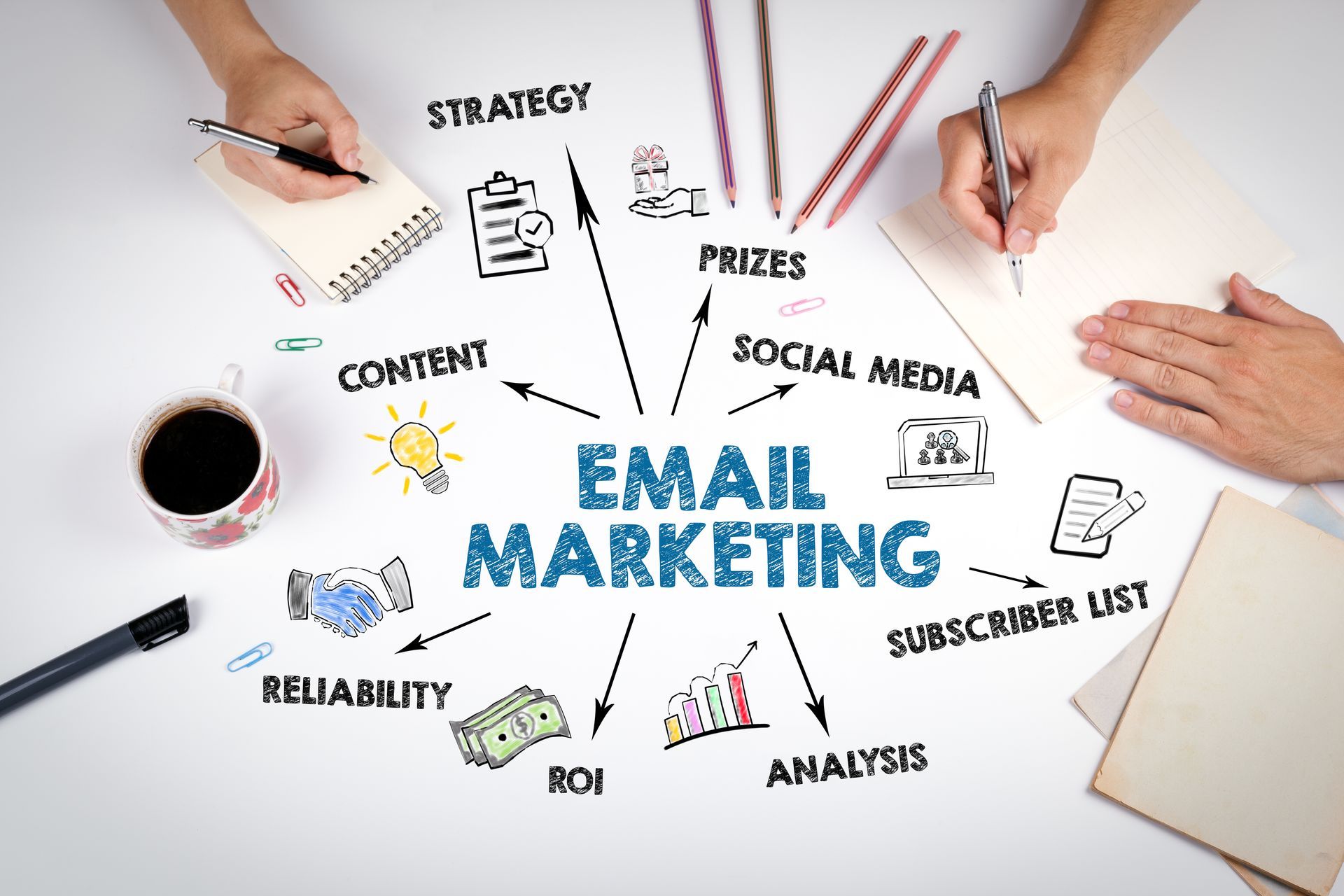 Two people are sitting at a table writing on a piece of paper that says email marketing.