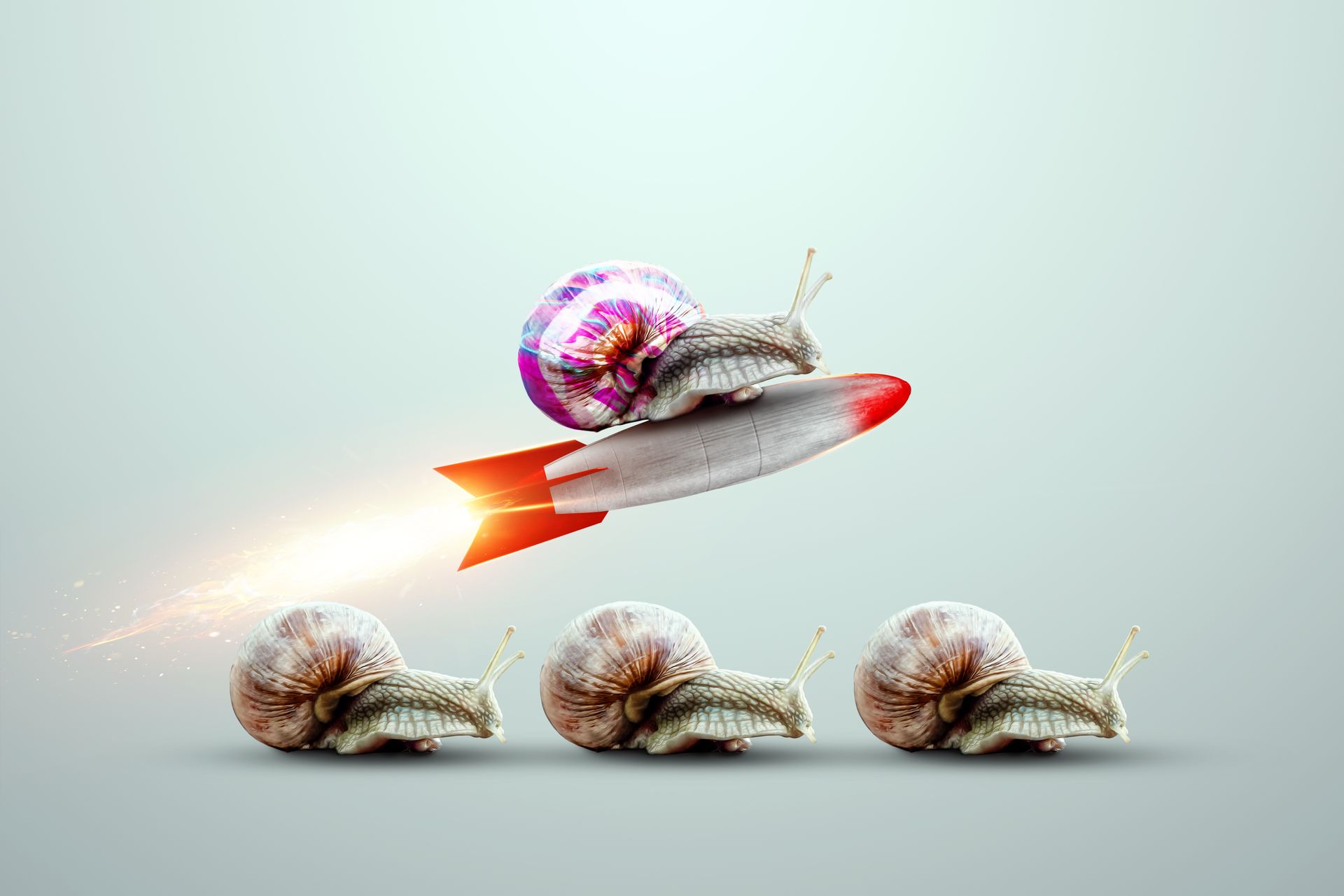 A snail is riding on the back of a rocket.