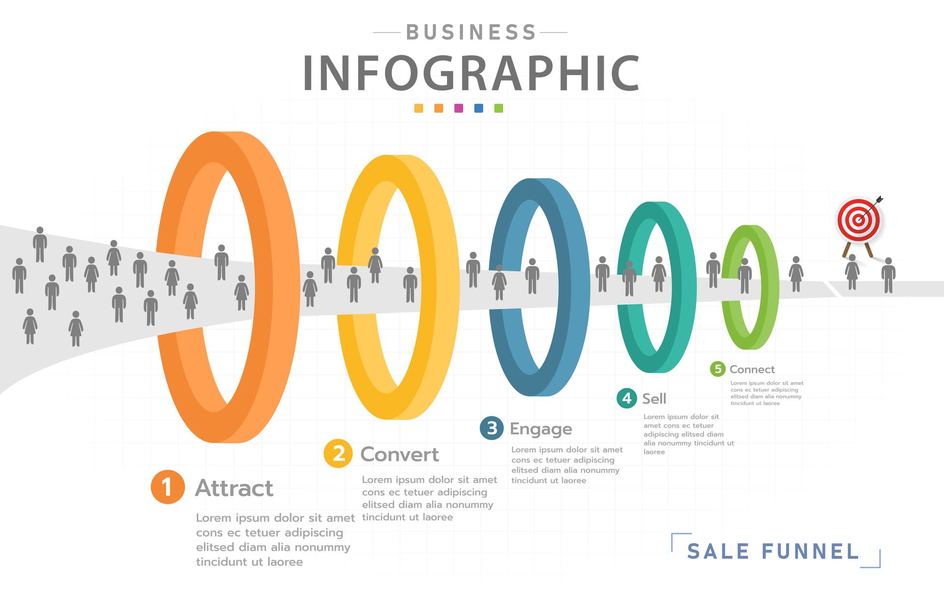 A business infographic showing the steps of a sales funnel.