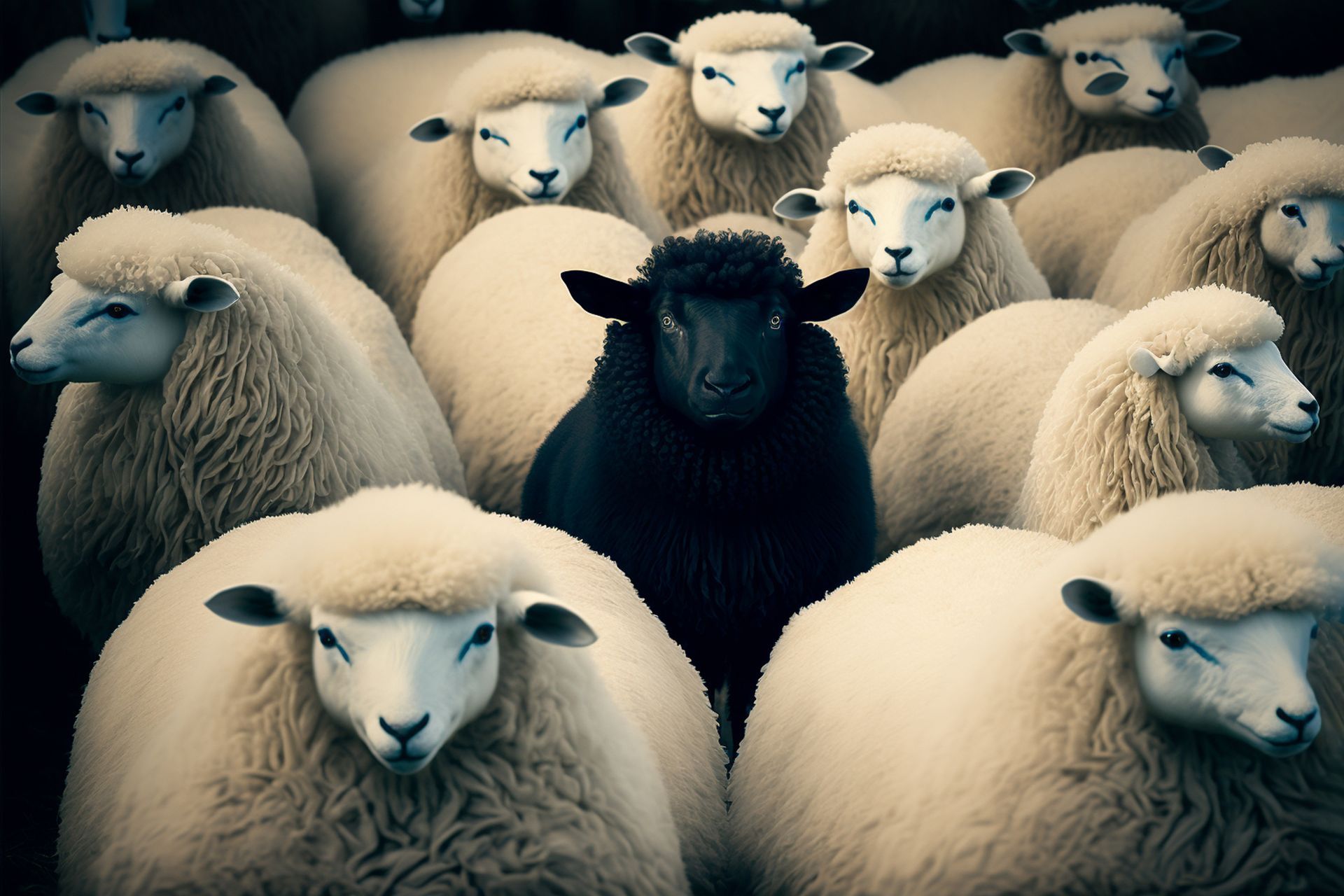 A herd of sheep with a black sheep in the middle