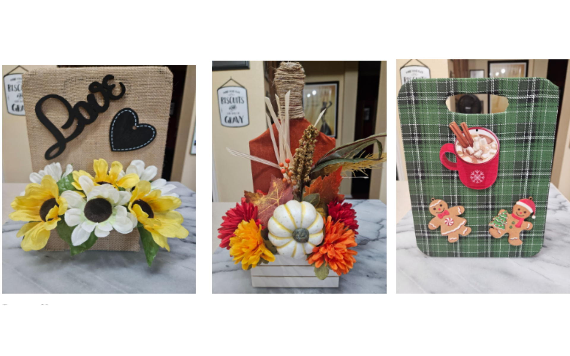 A collage of three pictures of decorations on a table.