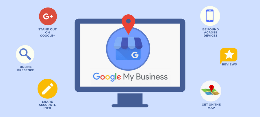 A computer monitor with a google my business logo on it.