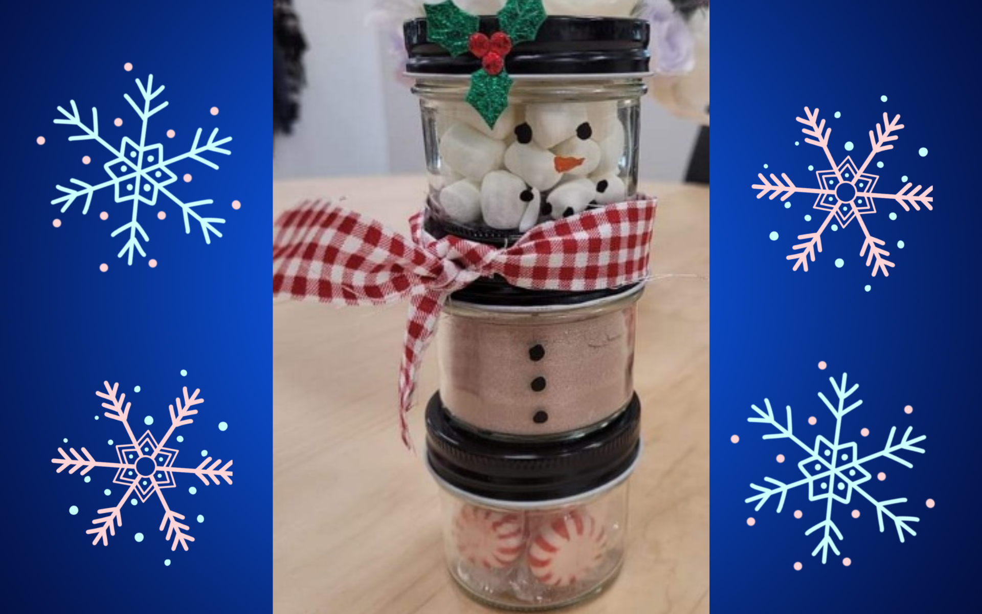 A stack of jars with a snowman and peppermints in them.
