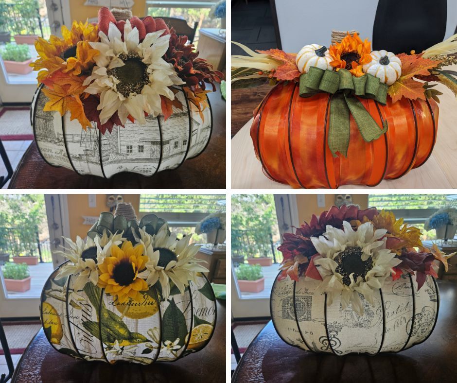 A collage of four pictures of pumpkins decorated with flowers on a table.