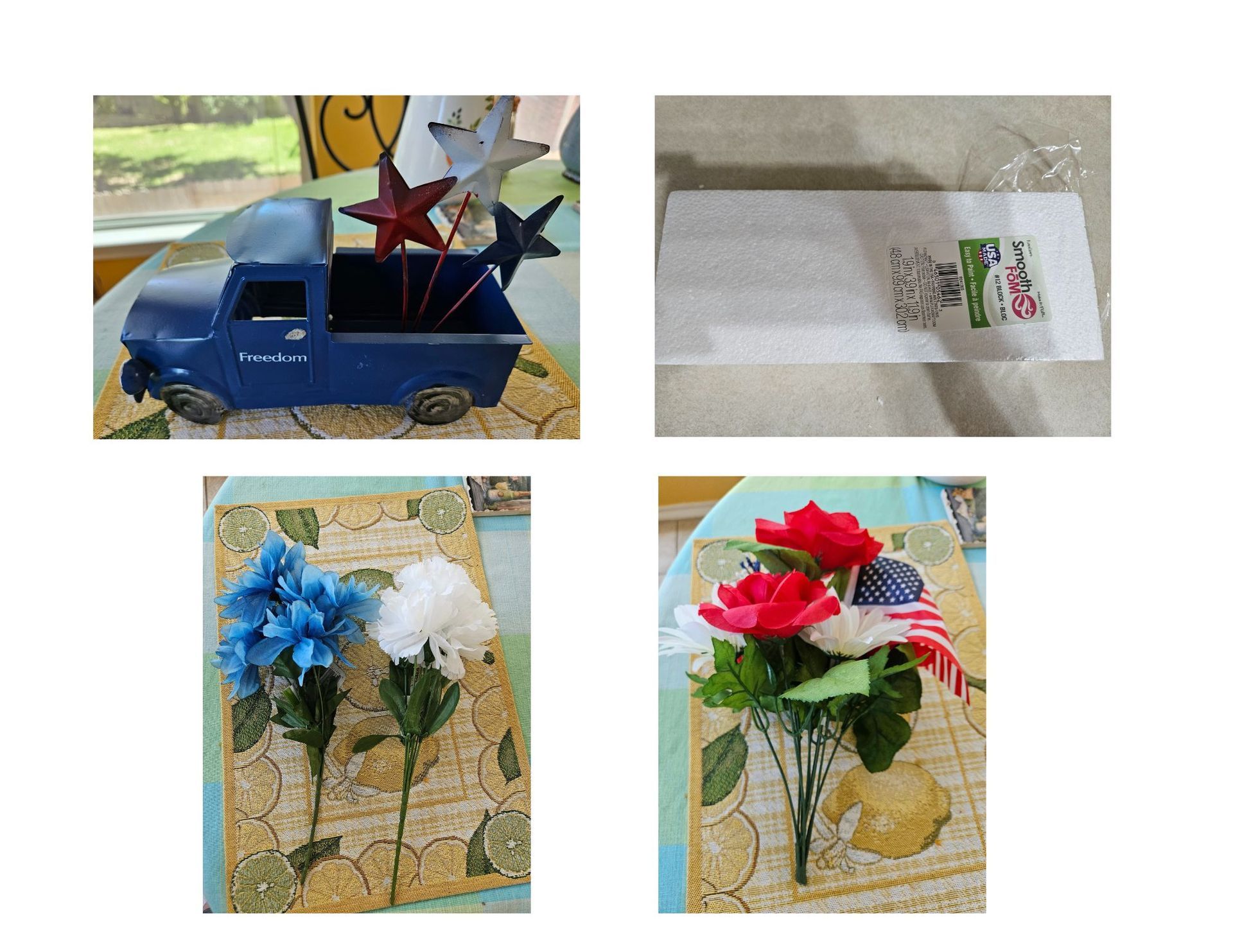 A collage of four pictures of flowers and a toy truck