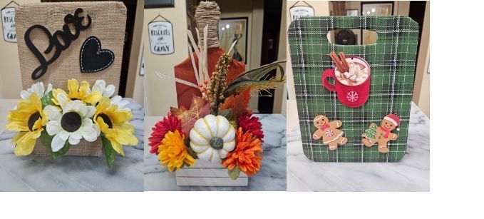 A collage of three cards with flowers and gingerbread men on them
