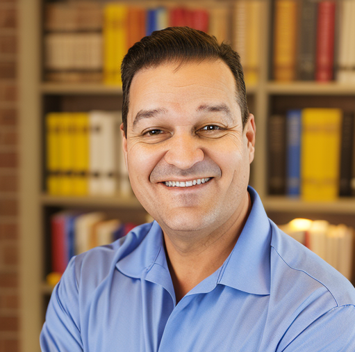 Smiling person in a blue shirt in front of a bookshelf and library shelves