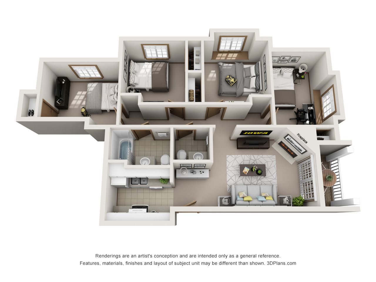 3D floor plan of a small apartment with bedrooms, bathrooms, kitchen, and living room