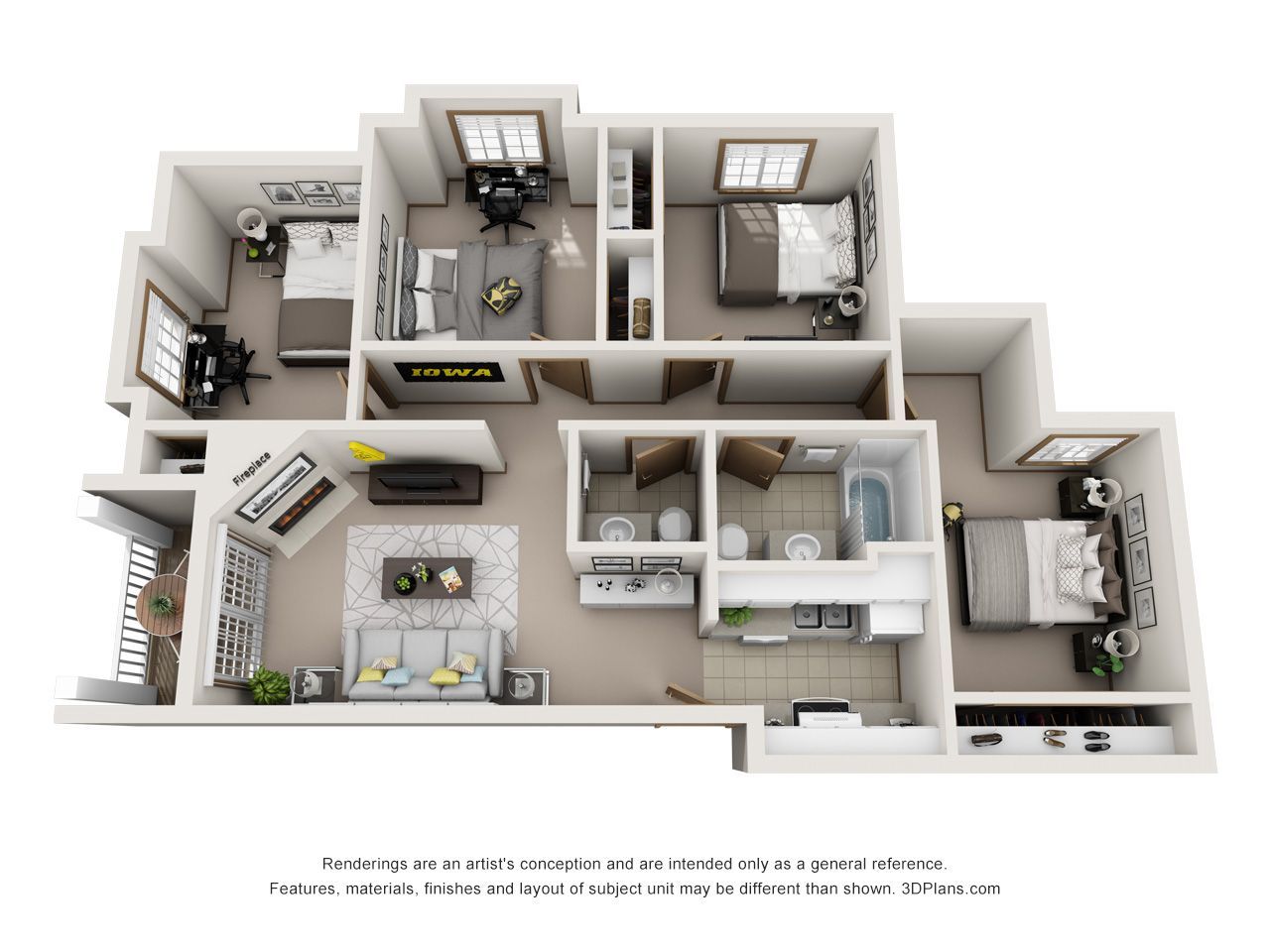 3D floor plan of a small apartment with living room, kitchen, bedrooms, and bathroom in neutral tones