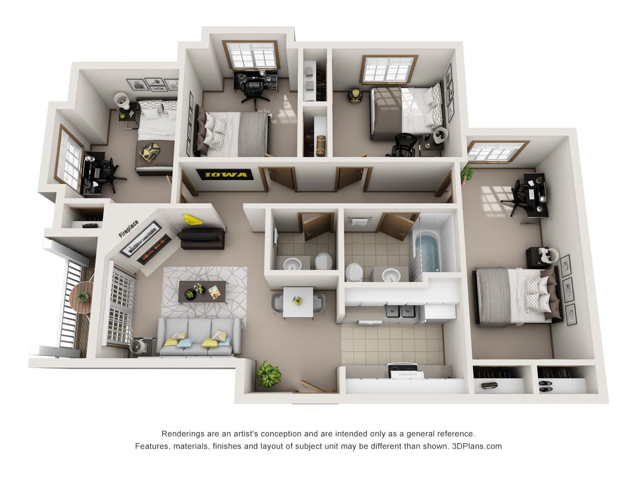 3D floor plan of a compact apartment with multiple rooms, windows, and furniture layouts