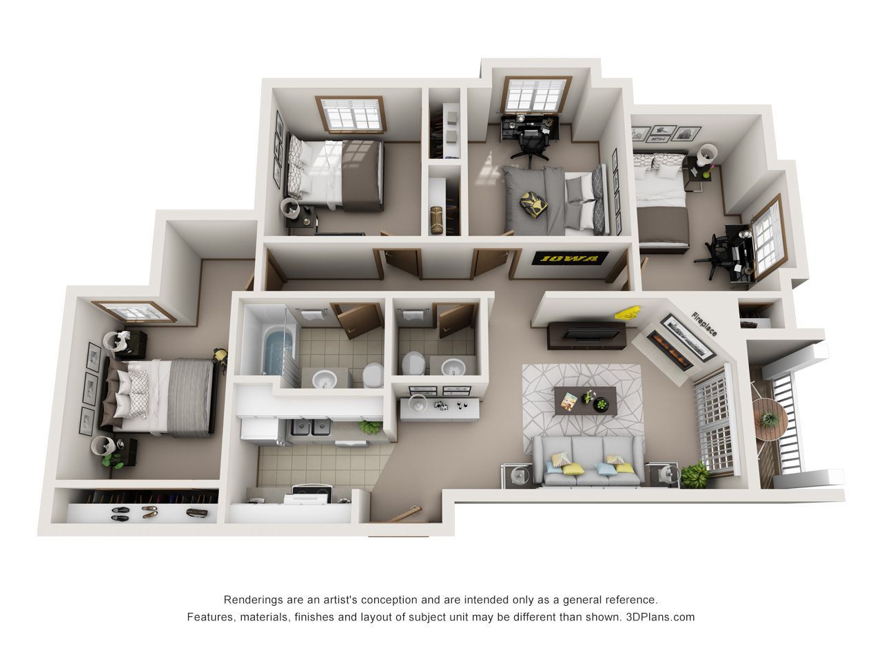 3D floor plan of a furnished apartment with bedroom, kitchen, living area, bath, and patio.